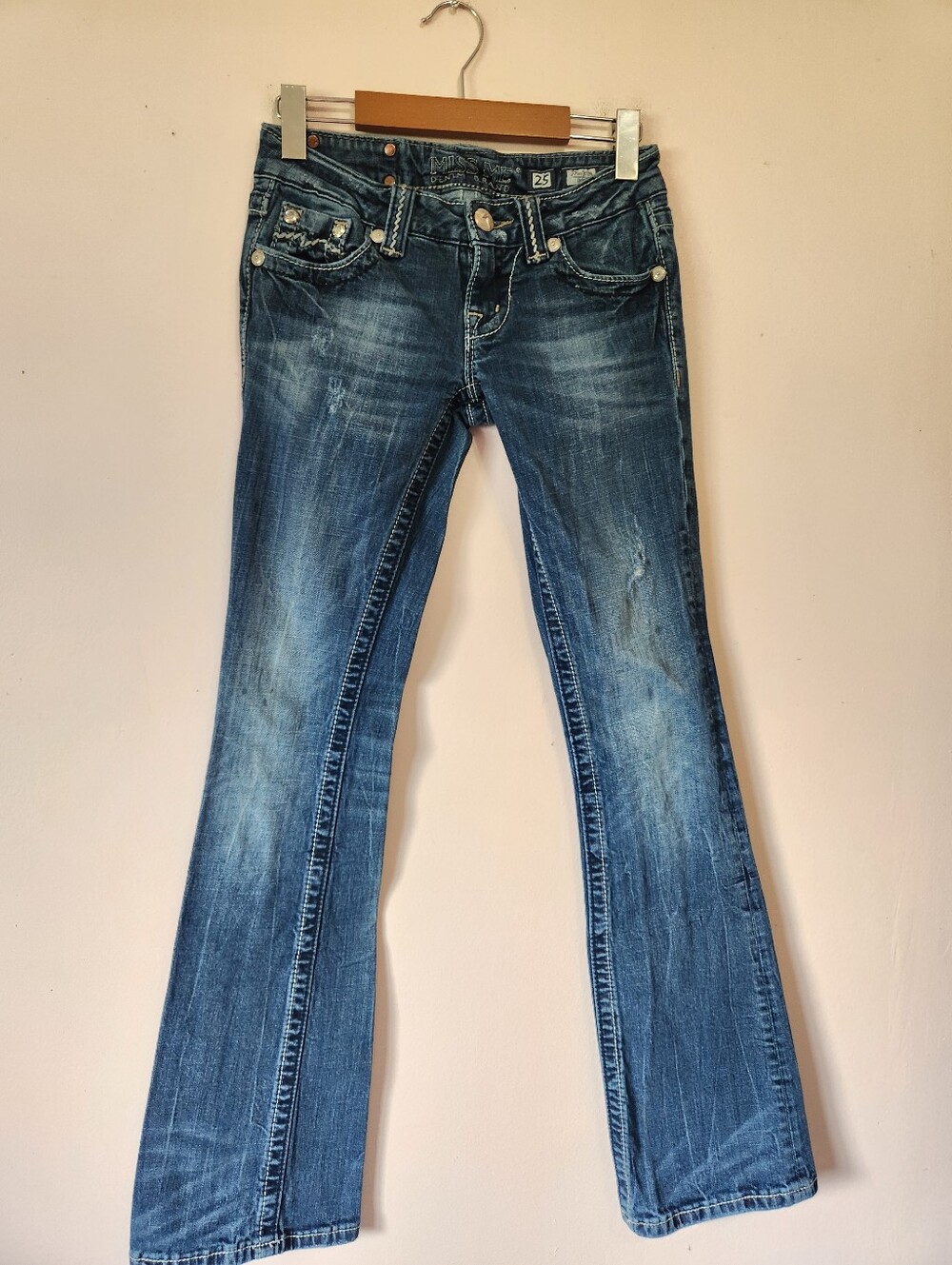 Y2K Miss Me Low Rise Bootcut Embellished Flap Pocket Jeans Size 25 McBling